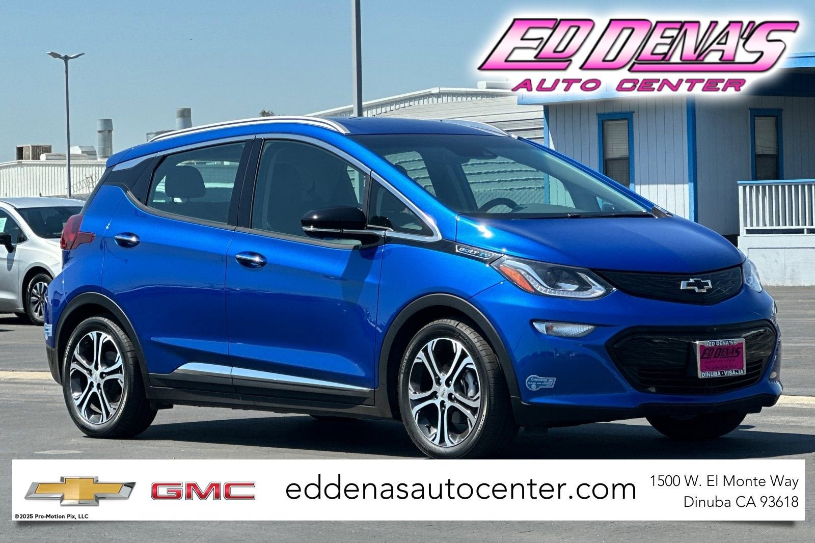 2021 Chevrolet Bolt EV Premier in Kinetic Blue Metallic — front three-quarter view