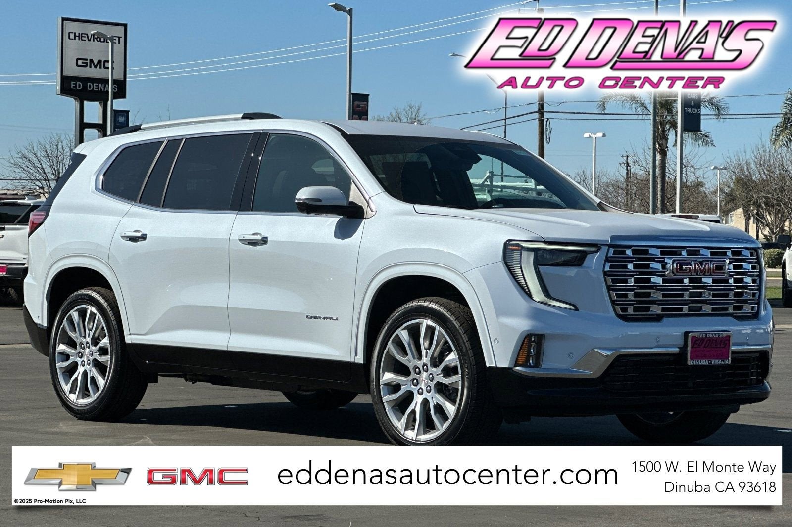 2026 GMC Acadia Denali in Glacier White Tricoat — front three-quarter view