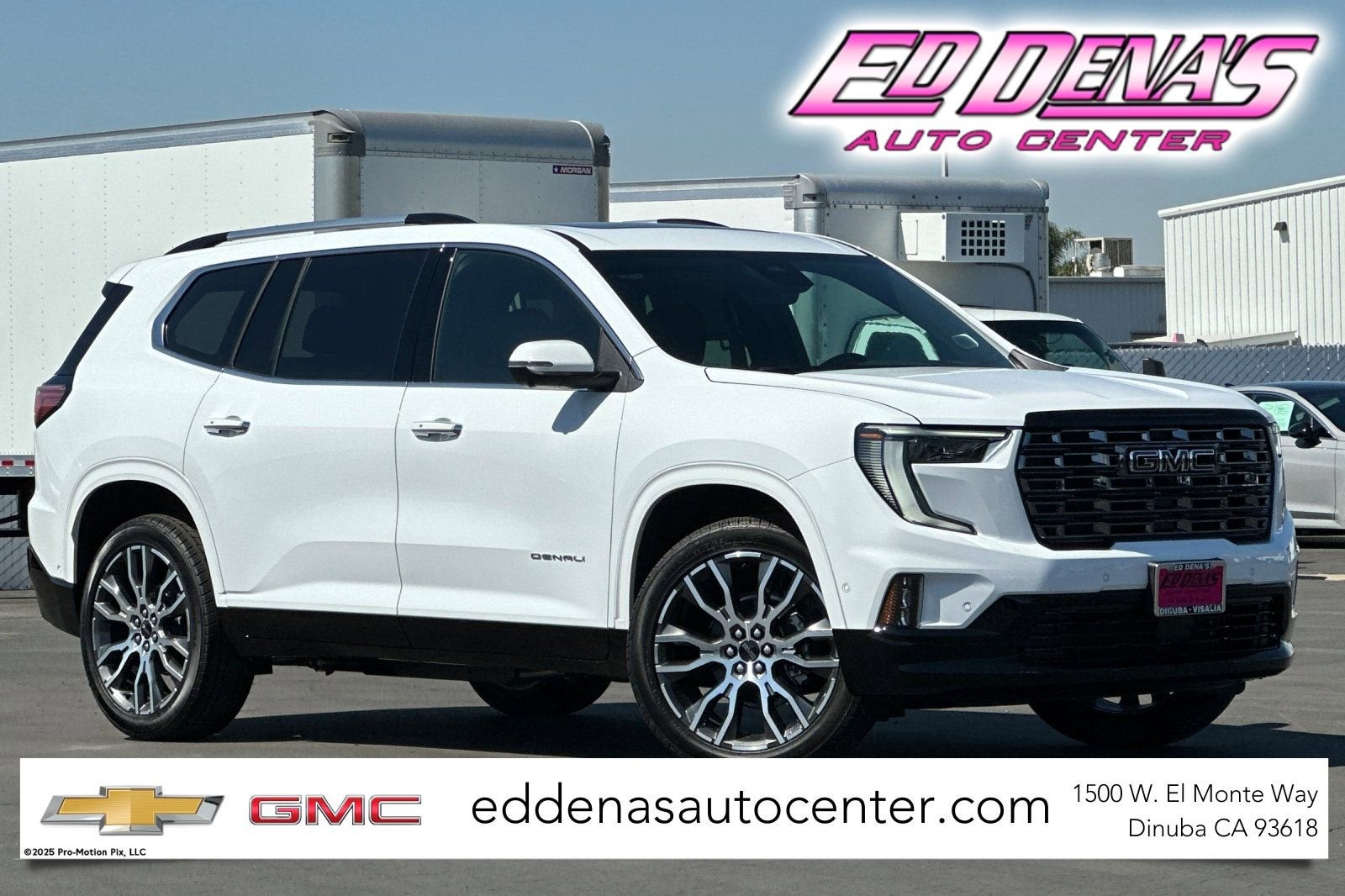 2026 GMC Acadia Denali Ultimate in Summit White — front three-quarter view