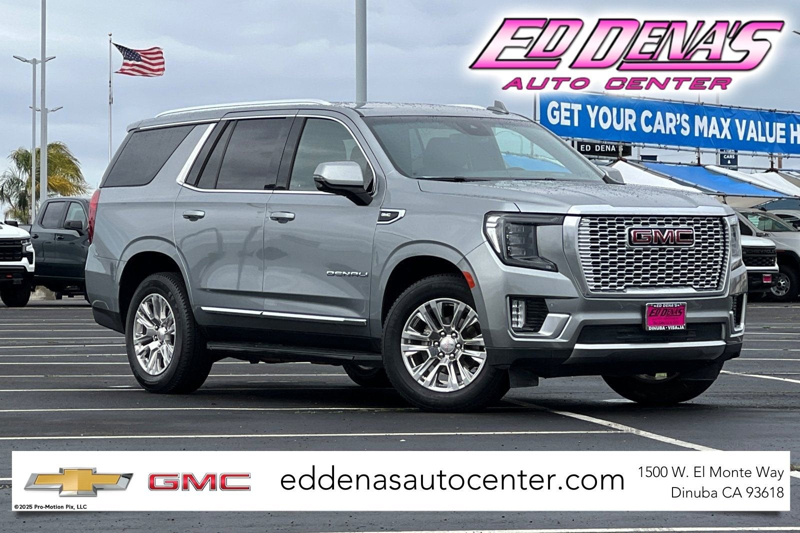 2024 GMC Yukon Denali in Sterling Metallic — front three-quarter view