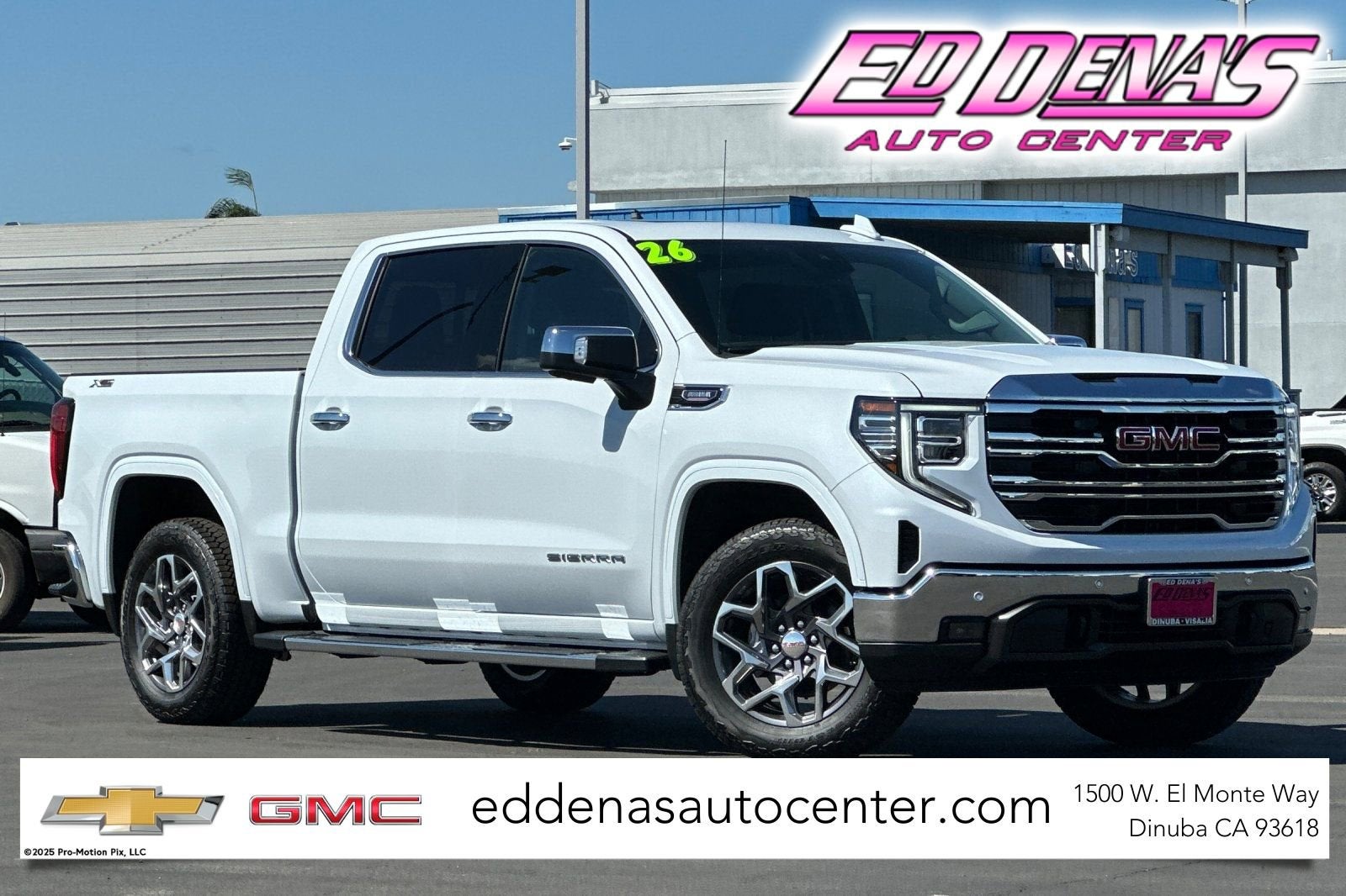 2026 GMC Sierra 1500 SLT in Glacier White Tricoat — front three-quarter view