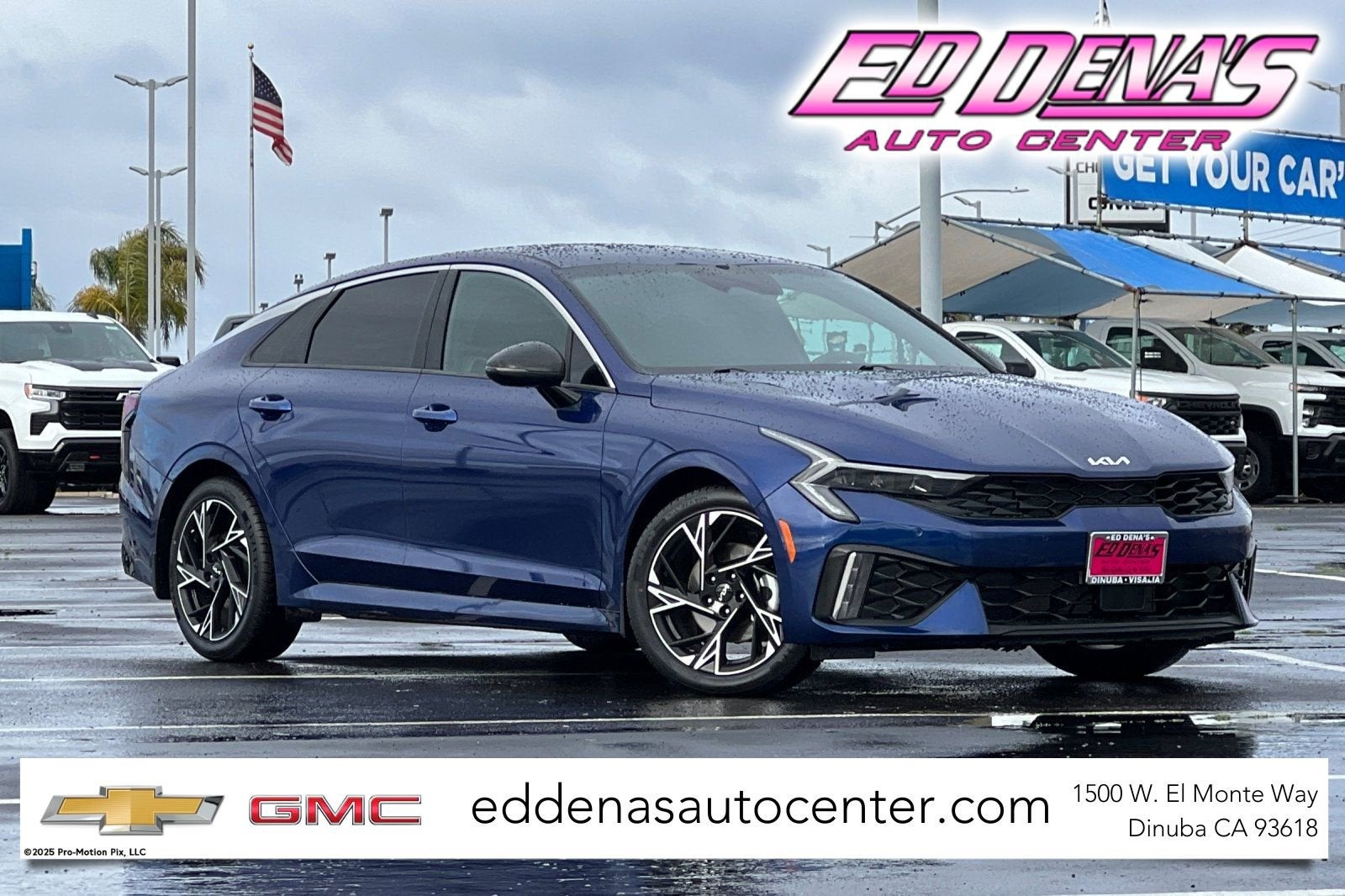2025 Kia K5 GT-Line in Blue — front three-quarter view